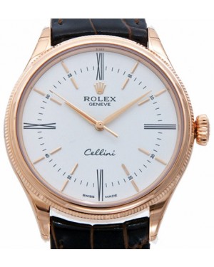 Rolex Cellini Time 50505 39mm White Index Rose Gold Leather - PRE-OWNED