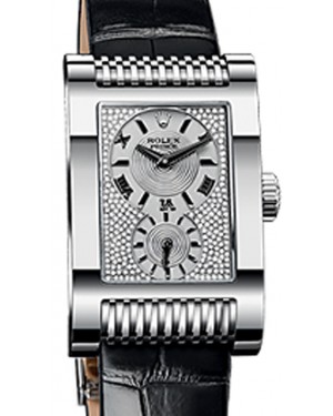 Rolex Cellini Prince 54419-DIA Diamond Paved Dial with Silver &amp;quot;Godron Circulaire&amp;quot; Guilloche White Gold Black Leather Manual BRAND NEW