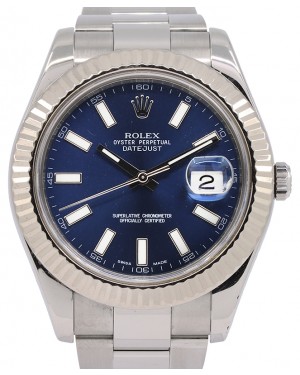 Rolex Datejust II Stainless Steel 41mm Blue Index Dial White Gold Bezel Oyster Bracelet 116334 - PRE-OWNED