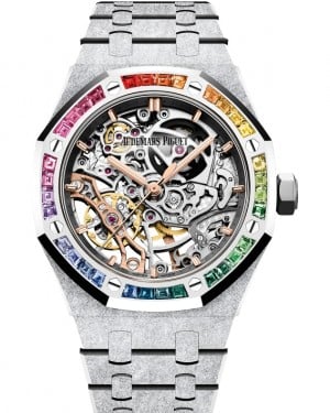 Audemars Piguet Royal Oak Frosted Gold Double Balance Wheel Openworked White Gold Rhodium-Toned Index 37mm Dial & Rainbow Baguette Sapphires Bezel 15468BC.YG.1259BC.01 - BRAND NEW