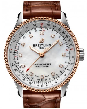 Breitling Navitimer Automatic 35 Mother of Pearl Dial Stainless Steel Red Gold Leather Strap U17395211A1P1 - BRAND NEW