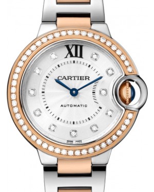 Cartier Ballon Bleu De Cartier Ladies Watch Automatic Stainless Steel Rose Gold Diamond Bezel 33mm Silver Diamond Dial WE902077 - BRAND NEW