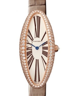 Cartier Baignoire Allongée Ladies Watch Manual-Winding Medium Rose Gold Diamond Bezel Silver Dial Alligator Leather Strap WJBA0006 - BRAND NEW