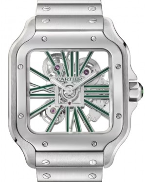 Cartier Santos de Cartier Large Stainless Steel Green Skeleton Dial WHSA0028 - BRAND NEW