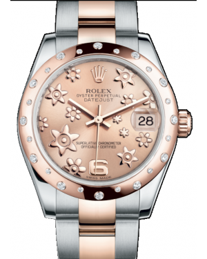 Rolex Datejust 31 Lady Midsize Rose Gold/Steel Pink Floral Motif Arabic Dial & Diamond Set Domed Bezel Oyster Bracelet 178341- BRAND NEW