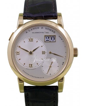 A Lange Sohne Lange 1 One 101.021 Men's 38.5mm 18k Yellow Gold Silver Brown Leather Manual-Wind
