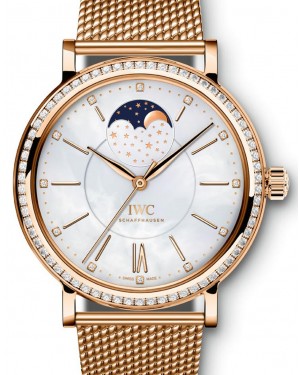 IWC Schaffhausen IW459005 Portofino Automatic Moon Phase 37 White Mother of Pearl Diamond Milanaise Mesh Red Gold 37mm Automatic