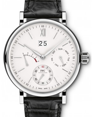 IWC Schaffhausen IW516201 Portofino Hand-Wound Day &amp; Date Silver Plated Index Stainless Steel Black Leather 45mm Manual
