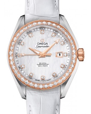 Omega Seamaster Aqua Terra 150M Co-Axial Chronometer 34mm Stainless Steel Red Gold Diamond Bezel White Mother of Pearl Dial Diamond Set Index Alligator Leather Strap 231.28.34.20.55.002 - BRAND NEW