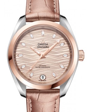 Omega Seamaster Aqua Terra 150M Co-Axial Master Chronometer 34mm Steel Sedna Gold Grey Dial Dimond Hour Markers Alligator Leather Strap 220.23.34.20.59.001 - BRAND NEW