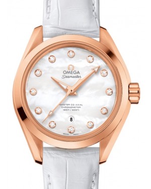 Omega Seamaster Aqua Terra 150M Master Co-Axial Chronometer 34mm Sedna Gold White Mother of Pearl Dial Diamond Set Index Alligator Leather Strap 231.53.34.20.55.001 - BRAND NEW