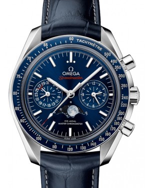 Omega Speedmaster Two Counters Moonphase Co‑Axial Master Chronometer Moonphase Chronograph 44.25mm Stainless Steel Blue Dial Leather Strap 304.33.44.52.03.001 - BRAND NEW