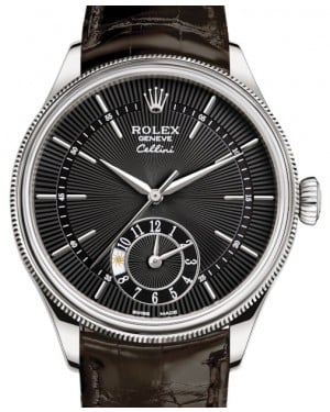 Rolex Cellini Dual Time White Gold Black Guilloche Index Dial Domed & Fluted Double Bezel Tobacco Leather Bracelet 50529 - BRAND NEW