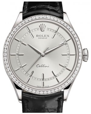 Rolex Cellini Time White Gold Rhodium Index Dial Diamond Bezel Black Leather Bracelet 50709RBR - BRAND NEW