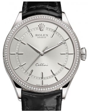 Rolex Cellini Time White Gold Rhodium Index Dial Diamond & Fluted Double Bezel Black Leather Bracelet 50609RBR - BRAND NEW