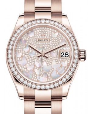 Rolex Datejust 31 Lady Midsize Rose Gold Diamond Pave Mother of Pearl Butterfly Dial & Diamond Bezel Oyster Bracelet 278285RBR - BRAND NEW