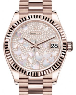 Rolex Datejust 31 Lady Midsize Rose Gold Diamond Pave Mother of Pearl Butterfly Dial & Fluted Bezel President Bracelet 278275 - BRAND NEW