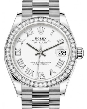 Rolex Datejust 31 Lady Midsize White Gold White Roman Dial & Diamond Bezel President Bracelet 278289RBR - BRAND NEW