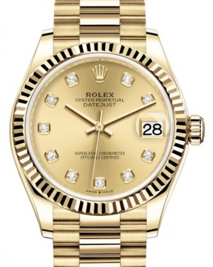 Rolex Datejust 31 Lady Midsize Yellow Gold Champagne Diamond Dial & Fluted Bezel President Bracelet 278278 - BRAND NEW