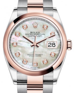 Rolex Datejust 36 Rose Gold/Steel White Mother of Pearl Diamond Dial & Domed Bezel Oyster Bracelet 126201 - BRAND NEW