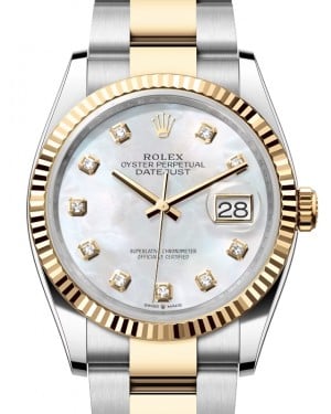 Rolex Datejust 36 Yellow Gold/Steel White Mother of Pearl Diamond Dial & Fluted Bezel Oyster Bracelet 126233 - BRAND NEW