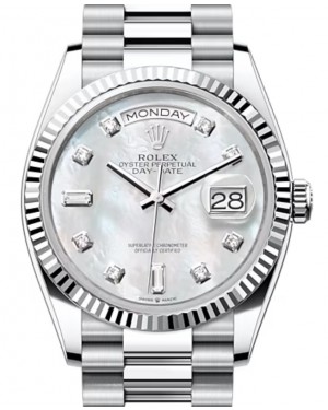 Rolex Day-Date 36 Platinum White Mother of Pearl Diamond Dial & Fluted Bezel President Bracelet 128236 - BRAND NEW