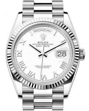 Rolex Day-Date 36 Platinum White Roman Dial & Fluted Bezel President Bracelet 128236 - BRAND NEW