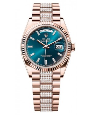 Rolex Day-Date 36 President Rose Gold Blue-Green Fluted Bezel Diamond Set Bracelet 128235