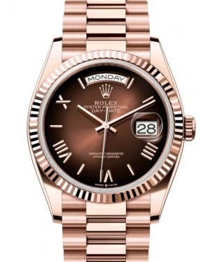 Rolex Day-Date 36 President Rose Gold Brown Ombre Index/Roman Dial Fluted Bezel 128235