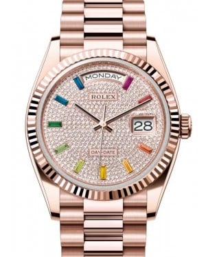 Rolex Day-Date 36 President Rose Gold Diamond Paved Rainbow Colored Sapphires Dial Fluted Bezel 128235