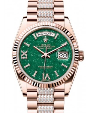 Rolex Day-Date 36 President Rose Gold Green Aventurine Dial Fluted Bezel Diamond Bracelet 128235