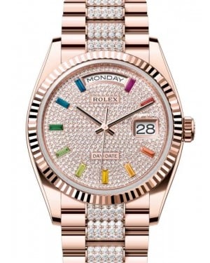 Rolex Day-Date 36 President Rose Gold Rainbow Colored Sapphires Dial Fluted Bezel Diamond Bracelet 128235