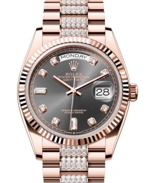 Rolex Day-Date 36 President Rose Gold Slate Dial Fluted Bezel Diamond Bracelet 128235