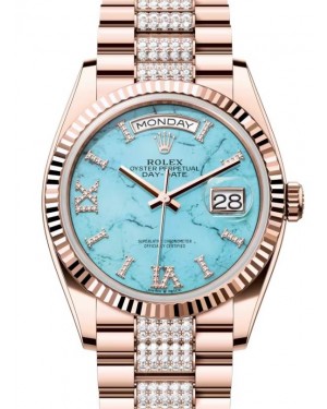 Rolex Day-Date 36 President Rose Gold Turquoise "Tiffany" Dial Fluted Bezel Diamond Bracelet 128235
