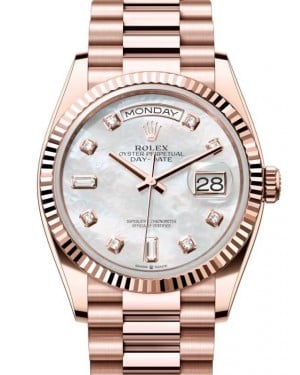 Rolex Day-Date 36 President Rose Gold White Mother of Pearl Diamond Dial Fluted Bezel 128235