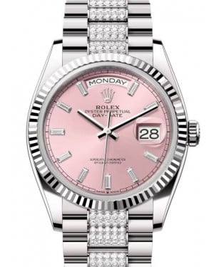 Rolex Day-Date 36 President White Gold Pink Dial Fluted Bezel Diamond Set Bracelet 128239