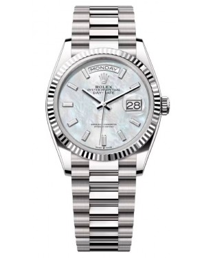 Rolex Day-Date 36 President White Gold White Mother of Pearl Baguette Diamond Dial 128239