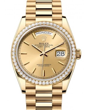 Rolex Day-Date 36 President Yellow Gold Champagne Index Dial Diamond Bezel 128348RBR