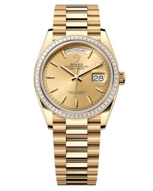 Rolex Day-Date 36 President Yellow Gold Champagne Index Dial Diamond Bezel 128398TBR