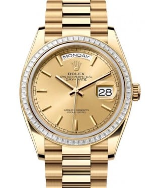 Rolex Day-Date 36 President Yellow Gold Champagne Index Dial Diamond Bezel 128398TBR