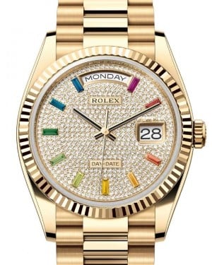 Rolex Day-Date 36 President Yellow Gold Diamond Paved Rainbow Colored Sapphires Dial 128238 - BRAND NEW