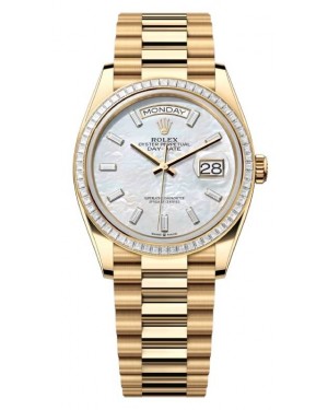 Rolex Day-Date 36 President Yellow Gold White Mother of Pearl Baguette Diamond Dial & Bezel 128398TBR