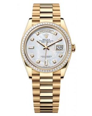 Rolex Day-Date 36 President Yellow Gold White Mother of Pearl Diamond Dial & Bezel 128398TBR