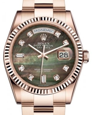 Rolex Day-Date 36 Rose Gold Black Mother of Pearl Diamond Dial & Fluted Bezel Oyster Bracelet 118235 - BRAND NEW