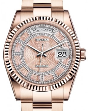 Rolex Day-Date 36 Rose Gold Carousel of Pink Mother of Pearl Diamond Dial & Fluted Bezel Oyster Bracelet 118235 - BRAND NEW