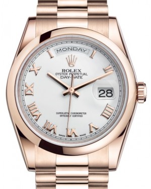 Rolex Day-Date 36 Rose Gold White Roman Dial & Smooth Domed Bezel President Bracelet 118205 - BRAND NEW