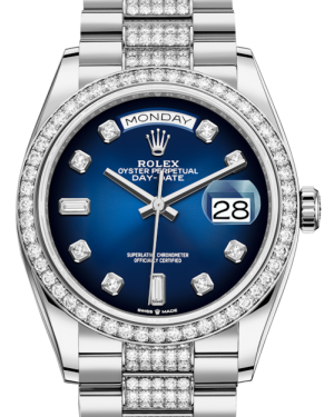 Rolex Day-Date 36 White Gold Blue Ombre Diamond Dial & Diamond Bezel Diamond Set President Bracelet 128349RBR - BRAND NEW