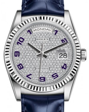 Rolex Day-Date 36 White Gold Diamond Paved Arabic Dial & Fluted Bezel Blue Leather Strap 118139 - BRAND NEW