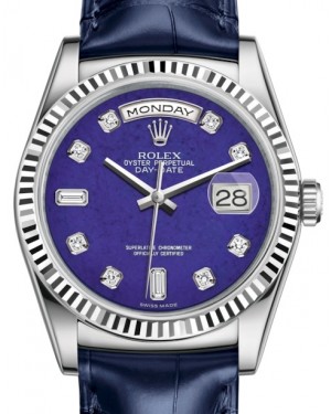 Rolex Day-Date 36 White Gold Lapis Lazuli Diamond Dial & Fluted Bezel Blue Leather Strap 118139 - BRAND NEW