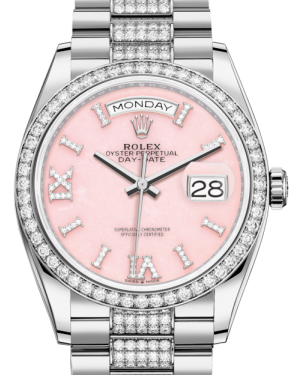Rolex Day-Date 36 White Gold Pink Opal Diamond Dial & Diamond Bezel Diamond Set President Bracelet 128349RBR - BRAND NEW